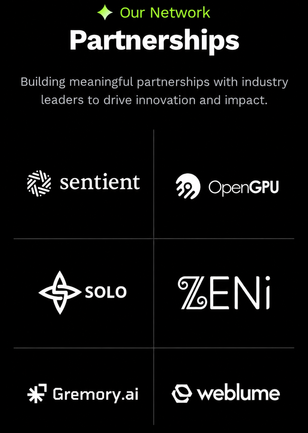 YUANBAO network partnership logos: Sentient, OpenGPU, SOLO, ZENi, Gremory.ai, and Weblume